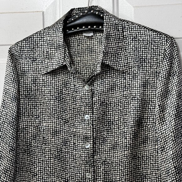 Nora Noh Silk Pet Sz M Blouse Button Up Shirt Long Sleeve Black/White Spots - Picture 2 of 11